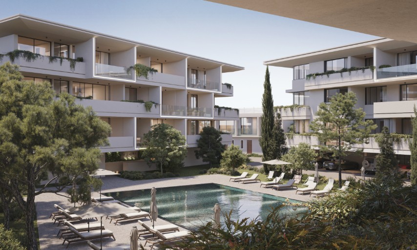 Architekturvisualisierung von The King Residences mit begrünten Gebäuden und Pool